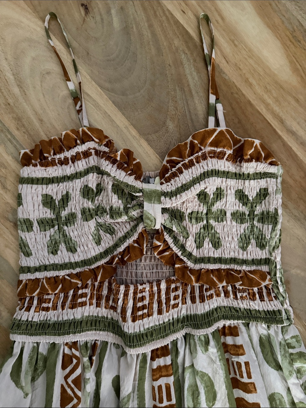 Dress Forum Printed Smocked Maxi Dress in Cream, Olive & Rust - Picture 4 of 10